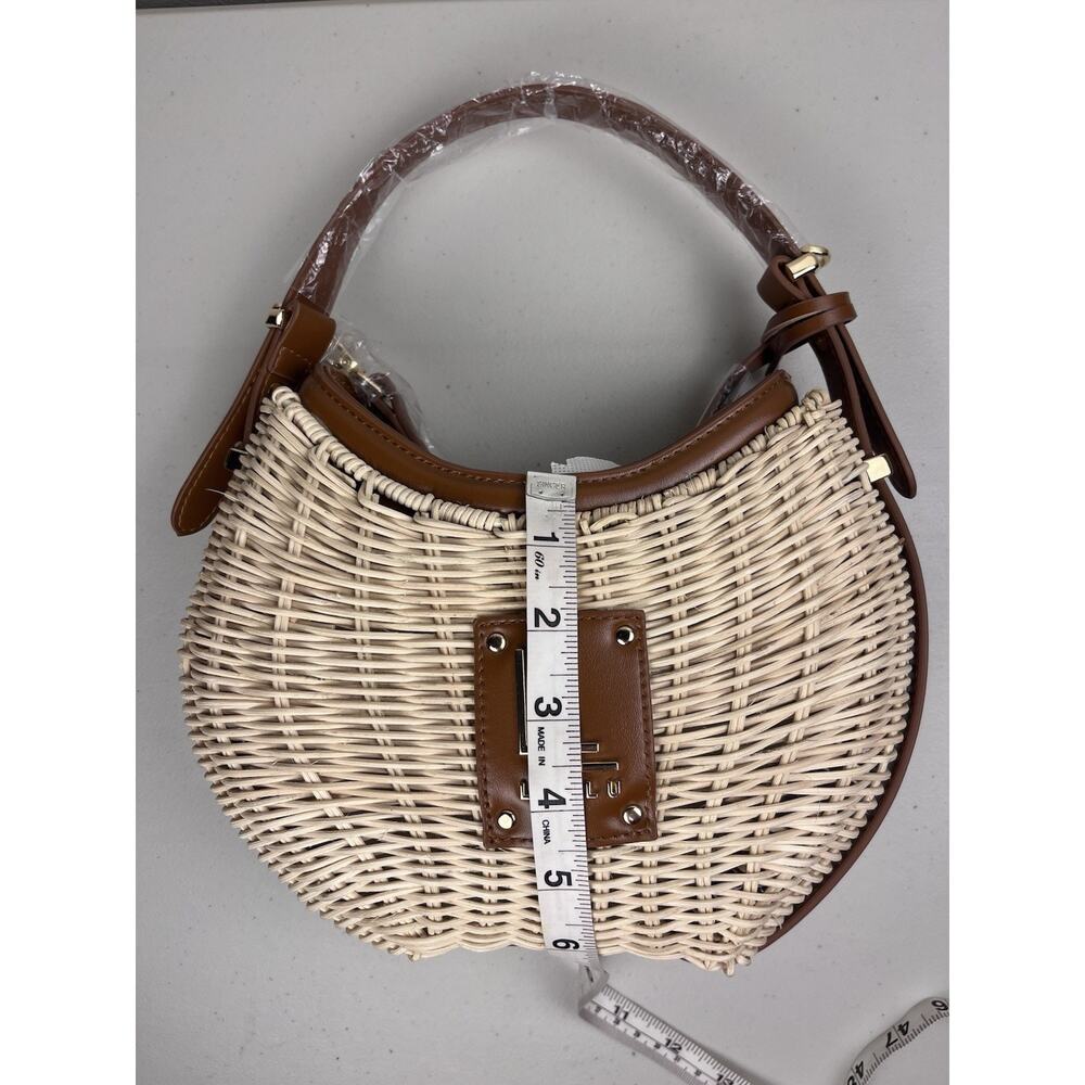 LOULU Woven Rattan Straw Saddle Bag Brown Faux Leather Handle Boho Purse - Picture 7 of 8